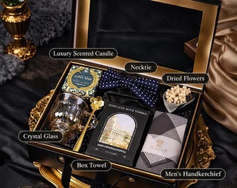 Luksusowy zestaw prezentowy dla drużbów, prezent z podziękowaniami dla świadka, czarno-złote etui na pamiątkę z herbatą, szklanką, ręcznikiem i kartką, upominek dla gości weselnych