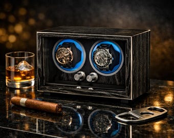 Luksusowy drewniany nakręcacz zegarków, 1-8 gniazd, niebieska dioda LED, obudowa z cichym silnikiem