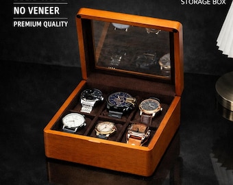 Pudełko na zegarki z litego drewna bez forniru, 6-szczelinowa gablota z przeszklonym blatem, ekskluzywny organizer na zegarki z miękkimi poduszkami, prezent dla taty i pana młodego
