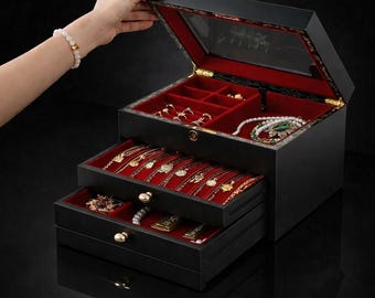 Pudełko na biżuterię z litego drewna, czarne, drewniane pudełko ze szklaną pokrywą, 2 szuflady, podszewka z czerwonego aksamitu, przegródki na pierścionki, zamykane na klucz pudełko na naszyjniki i prezenty