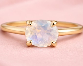 Oval Moonstone Engagement Ring, Gold Dainty Ring, June Birthstone