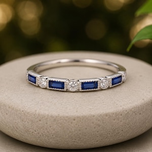 Baguette Blue Sapphire Stack Ring, Moissanite Micro Pave Band, Sterling Silver Anniversary Ring,Anniversary Ring,Milgrain Edge Ring Gift