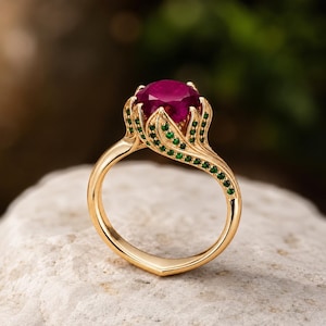 Floral Pink Fire Ruby Engagement Ring 14K Gold Prong Leaf Emerald Bridal Ring Onyx Gemstone Stacking Jewelry Promise Ring Gift for Her