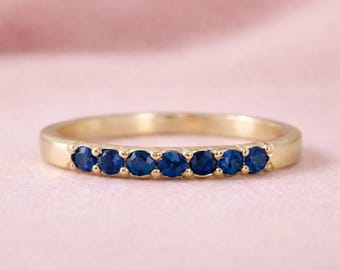 14K Gold Blue Sapphire Ring • Dainty Stacking Band