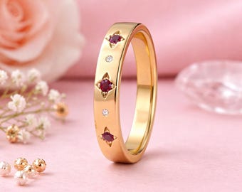 14K Gold Star Set Ruby Ring, Dainty Diamond Wedding Band