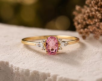 Oval Pink Tourmaline Ring in 14K Gold Marquise Diamond Accent Ring Dainty Rose Pink Engagement Ring Unique Promise Ring Gift for Anniversary