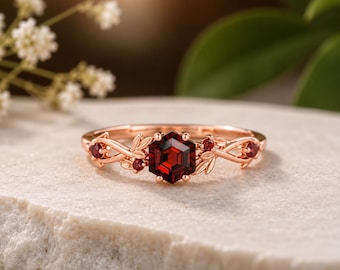 Hexagon Garnet Ring, Vintage Red Garnet Engagement Ring, 18K Rose Gold Vine Band, Unique January Birthstone Anniversary Gift For Wife