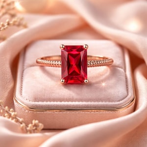 Smaragdschliff Rubin Edelstein Ring Roségold Verlobungsring Minimalist Versprechen Ring zierliche stapelbare Ring Geschenk für sie