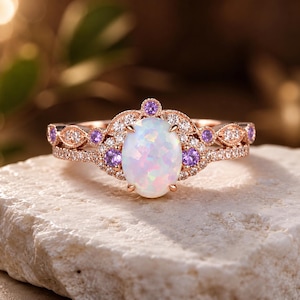 Vintage Oval Cut Opal And Amethyst Engagement Ring Set, Dainty Twist Amethyst Promise Ring, Unique Rose Gold Purple Amethyst Wedding Ring