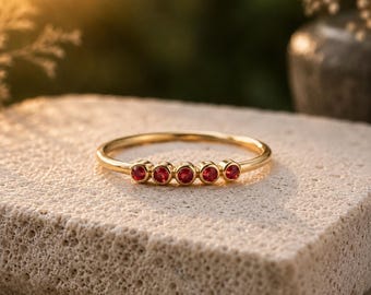 Minimalist 5 Stone Red Ruby Ring in Gold – Dainty Red Gemstone Stacking Band, July Birthstone Jewelry, Simple Gold Ruby Promise Ring