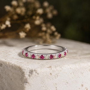 Opal & Ruby Wedding Band, Whimsical Opal and Ruby Wedding Band - Perfect for Stacking or as a Gift, Multi Birthstone Ring, Mothers Day Gift