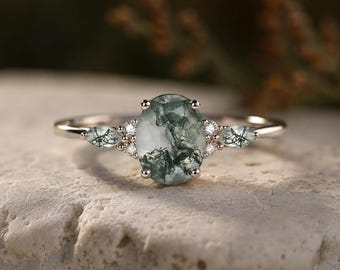 Oval Moss Agate Engagement Ring, 14K Rose Gold Diamond Cluster