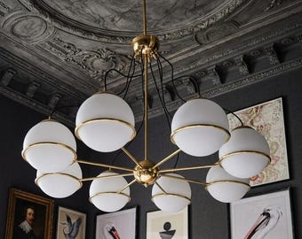 Moderne koperen kroonluchter uit het midden van de eeuw – Spoetnik Globe Light, Italian Design Lighting