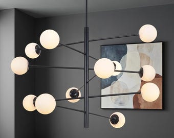 Moderne Spoetnik-kroonluchter uit het midden van de eeuw: 12 bollen messing hanglamp