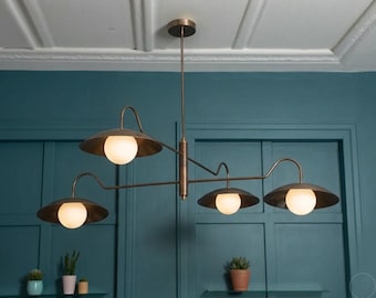 Antiek koperen atomaire kroonluchter – 4-armige koepelhanglamp, modern armatuur uit het midden van de eeuw