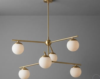 Moderne koperen Spoetnik-kroonluchter uit het midden van de eeuw – hanglamparmatuur met 6 bollen