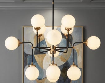 Moderne koperen kroonluchter uit het midden van de eeuw – 12 glazen bol glazen bistro-verlichtingsarmatuur