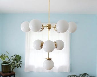 Spoetnik-kroonluchter, 10 matte bollen, moderne koperen hanglamp uit het midden van de eeuw