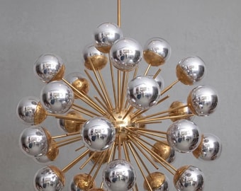 Spoetnik-kroonluchter uit het midden van de eeuw – 24 lichts messing Starburst-plafondlamp