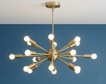 Messing Spoetnik-kroonluchter uit het midden van de eeuw – 18-lichts Starburst-hangverlichting