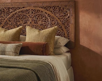 Hand Carved Wood Mandala Headboard, Queen Size Wall Panel, Bohemian Bedroom Decor
