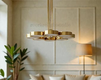 Italian Mid-Century Modern Brass Chandelier with 8 Drum Lights | Sculptural Vintage Ceiling Fixture