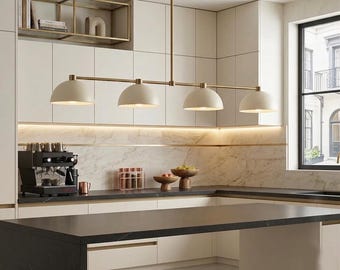 Moderne koperen kroonluchter uit het midden van de eeuw, lineaire hangverlichting met 4 lampen, eetkamerarmatuur