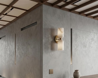 Alabaster messing dubbele cilinder schans: moderne luxe kaptafelverlichting uit het midden van de eeuw