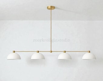 Modern Brass Linear Chandelier | 4-Light White Dome Pendant