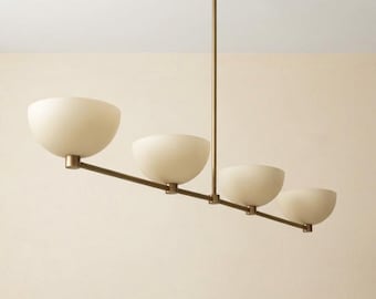 Massief messing lineaire kroonluchter: moderne 4-lichts hangverlichting uit het midden van de eeuw