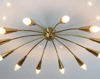 Large 12-Light Sputnik Chandelier, 1950s Mid Century Brass Ceiling Light, Handmade Spider Fixture