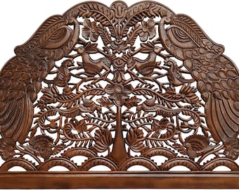 Hand Carved Boho Headboard, Queen Size Wall Mounted Art, Brown Flower Panels