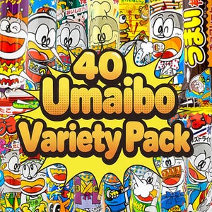 Könnte beinhalten: Eine bunte Packung mit 40 Umaibo-Snacks, jeweils einzeln in zylindrischen Verpackungen verpackt. Die Verpackung zeigt Cartoon-Figuren und japanischen Text, mit dem Text "40 Umaibo Variety Pack" im Mittelpunkt.