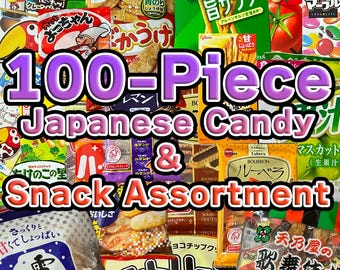 Puede incluir: Un colorido surtido de caramelos y snacks japoneses, que incluye varios productos envasados con texto japonés. La imagen presenta una variedad de sabores y marcas, con el texto "100-Piece Japanese Candy & Snack Assortment" en el centro.