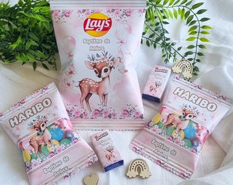 Personalized Girl's Christening Candy Bar | Boho Decorations | Personalized Candy Bags | Party Favors | Deer and Pink Flower Theme