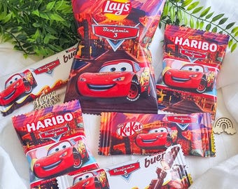 Personalized candy bags for boys' birthdays | Kids' candy bar | Personalized party favors | Car-themed birthday decorations | CARS theme