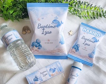 Personalized blue baptism decorations | Sea animal baptism decoration kit | Personalized candy bags for candy bar | Favors for boys' parties