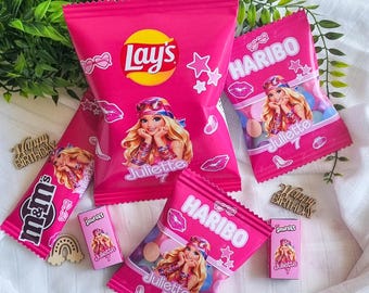 Personalized candy bags for girls' birthdays | Kids' candy bar | Personalized candy tags | Barbie birthday decorations