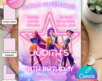 Invitation anniversaire KPOP Demon Hunters | Canva Editable | Template Numérique Personnalisable | Carte invitation enfant | mobile invite