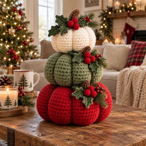 May include: A stacked crochet pumpkin decoration featuring three pumpkins in cream, sage green, and red. Each pumpkin is adorned with crocheted green holly leaves, small red berries, and a small brown pinecone accent on the top surface.