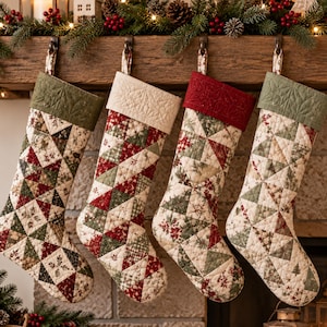 Puede incluir: Cuatro calcetines navideños acolchados colgados en fila. Cada calcetín presenta un diseño de patchwork de triángulos en tela roja, verde y crema con varios patrones festivos. Los puños son de colores sólidos en verde oliva, crema y rojo.