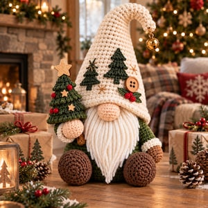 May include: A crocheted gnome figurine featuring a cream-colored pointed hat with dark green tree appliques, a gold bell, and a wooden button. The gnome has a long white yarn beard, a round peach-colored nose, dark green sleeves, and brown feet.