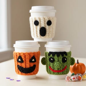 May include: Three white disposable coffee cups with crocheted sleeves. The top sleeve is cream with a ghost face. The bottom left sleeve is orange with a jack-o'-lantern face. The bottom right sleeve is green with a Frankenstein monster face.