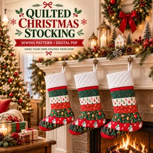 Quilted Christmas Stocking Sewing Pattern PDF - Patchwork with White Cuff