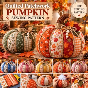 Molde em PDF para costura de abóbora em patchwork, decoração rústica de outono com 8 painéis e moldes em tamanho real.