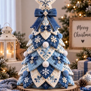 May include: A decorative tabletop Christmas tree constructed from layered, quilted fabric triangles in shades of navy blue, light blue, and cream. The tree is adorned with white snowflake embroidery, small blue and white pom-poms, and fabric bows.