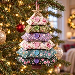 Könnte beinhalten: Ein Weihnachtsbaumschmuck aus Stoff mit sechs gestapelten, dreieckigen Lagen aus blumig gemustertem Stoff in Creme, Grün, Lila und Türkis. Jede Lage ist mit einem einzelnen Kunststoffknopf in Pink, Grün, Lila oder Blau sowie einem goldenen Seestern verziert.
