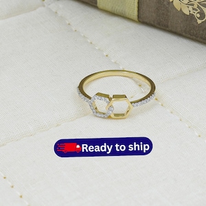 14K Yellow Gold Hexagon Diamond Ring, Modern Geometric Band, Minimalist Jewelry image 1