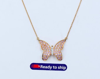 Pink Sapphire Diamond Butterfly Necklace, 14k Yellow Gold Pendant