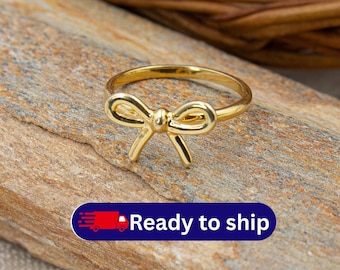 14k Yellow Gold Bow Ring, Minimalist Ribbon Jewelry